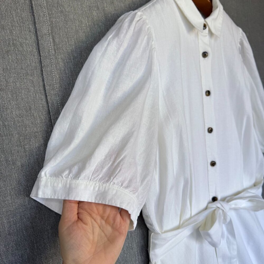 Ann Taylor ivory Linen Blend Short Puff Sleeve Button Front Midi Dress Size 16 - Picture 6 of 17